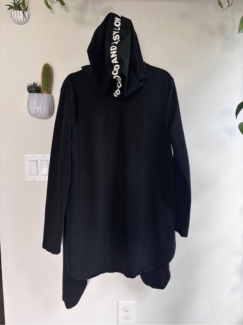 Like New Unisex “small” Black Hooded Trench Coat with Logo Trim on hood